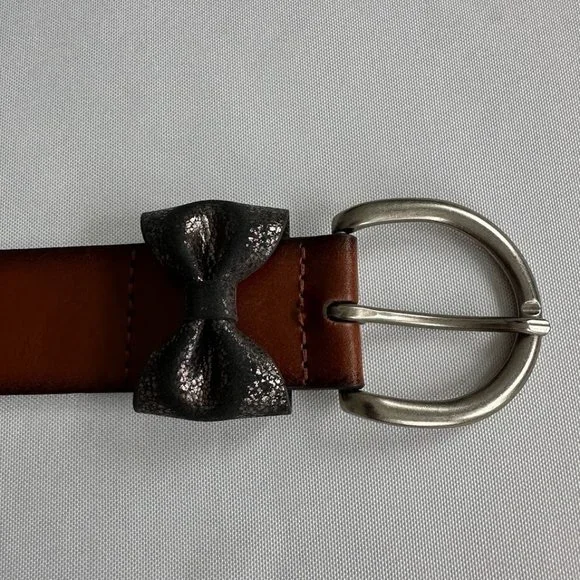 Small Metallic Bow Silver Buckle Brown Leather Belt Country Western Shimmer - Picture 4 of 5